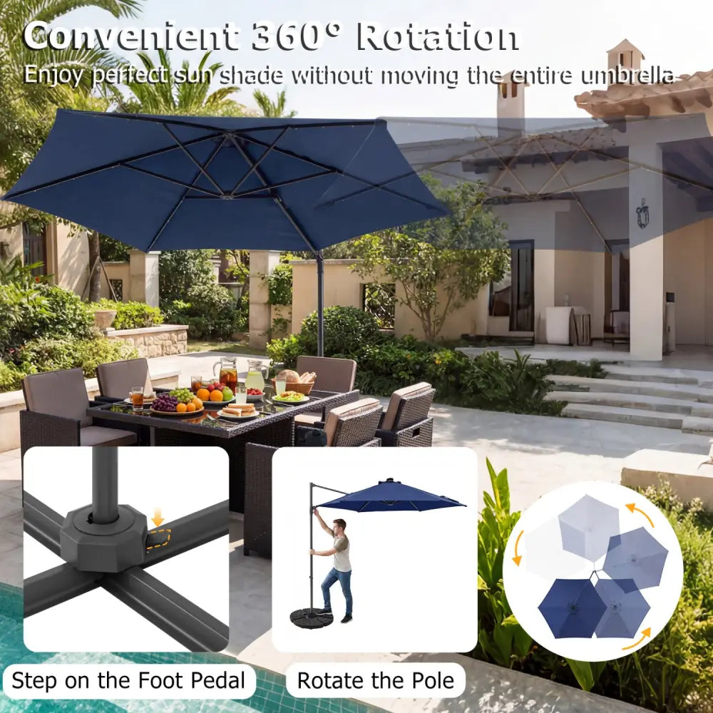 10 Feet Patio Cantilever Umbrella with Solar LED Lights-Navy - Navy - Outdoor Umbrellas