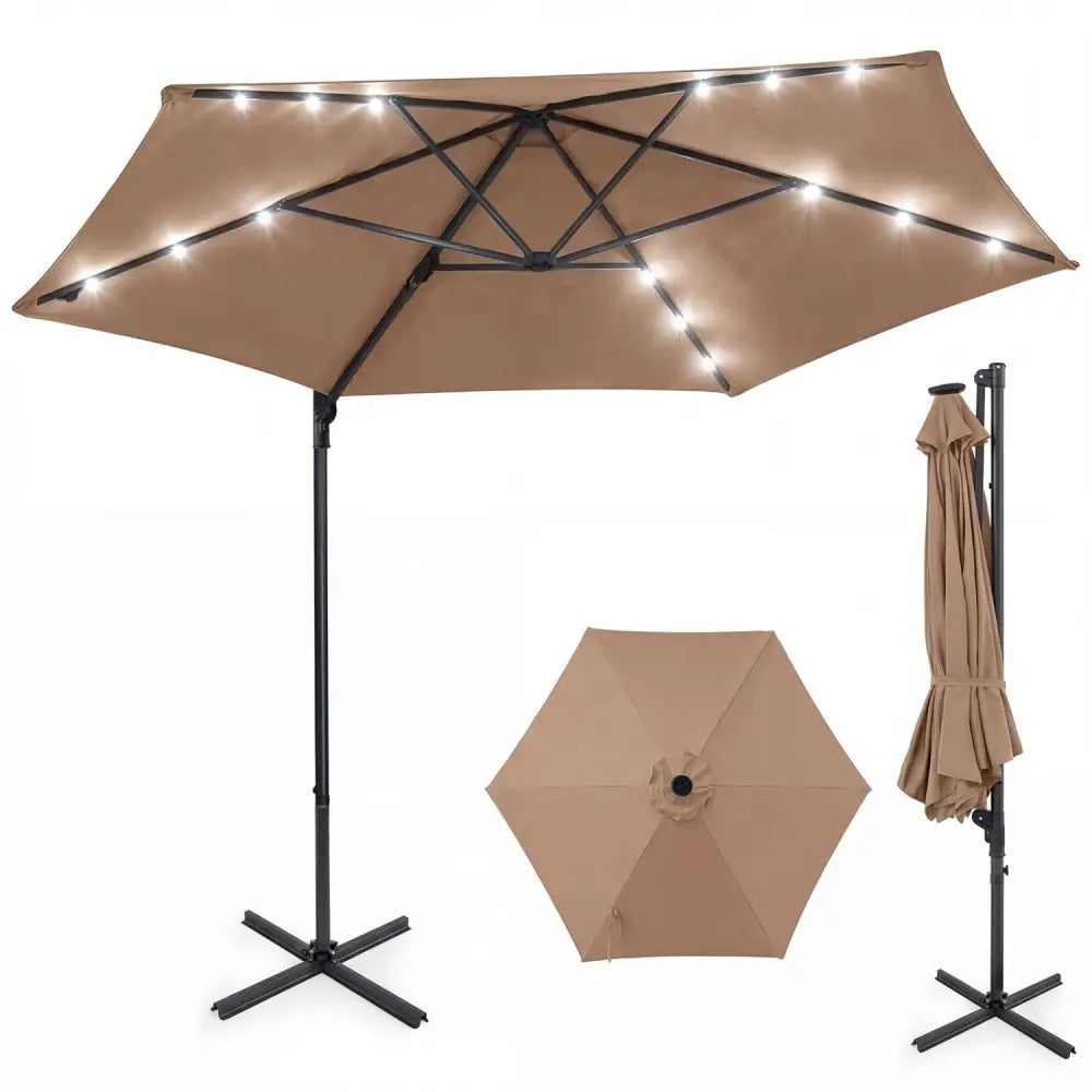 10 Feet Patio Cantilever Umbrella with Solar LED Lights-Tan - Tan - Outdoor Umbrellas