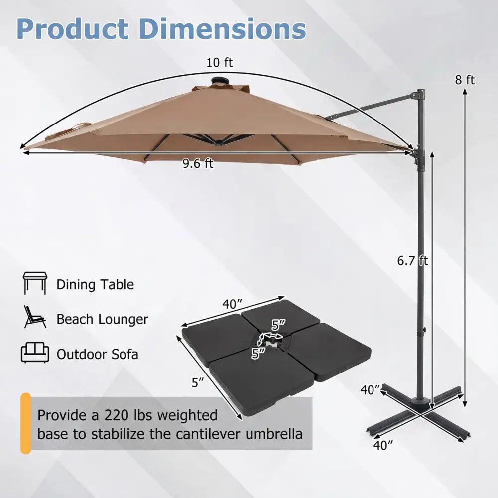 10 Feet Patio Cantilever Umbrella with Solar LED Lights-Tan - Tan - Outdoor Umbrellas