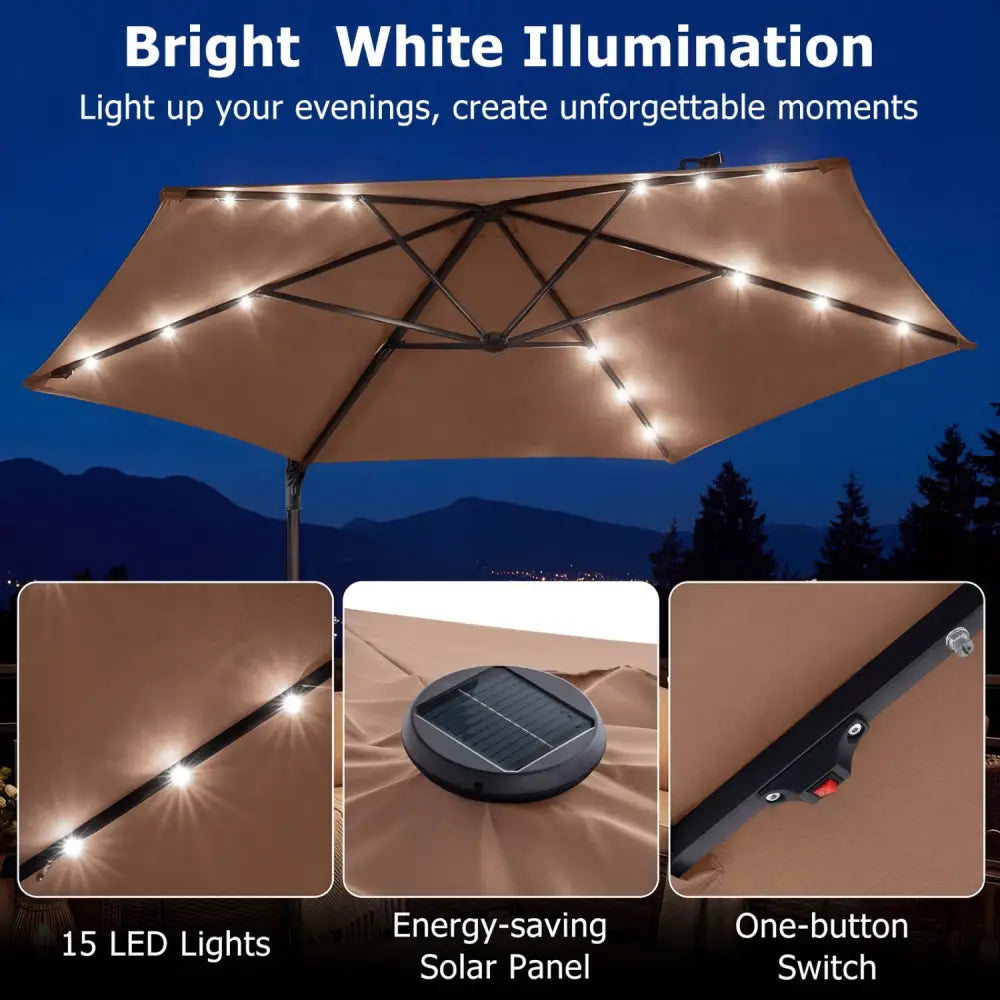10 Feet Patio Cantilever Umbrella with Solar LED Lights-Tan - Tan - Outdoor Umbrellas