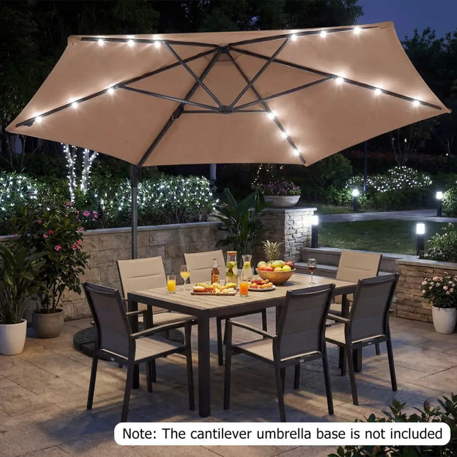 10 Feet Patio Cantilever Umbrella with Solar LED Lights-Tan - Tan - Outdoor Umbrellas