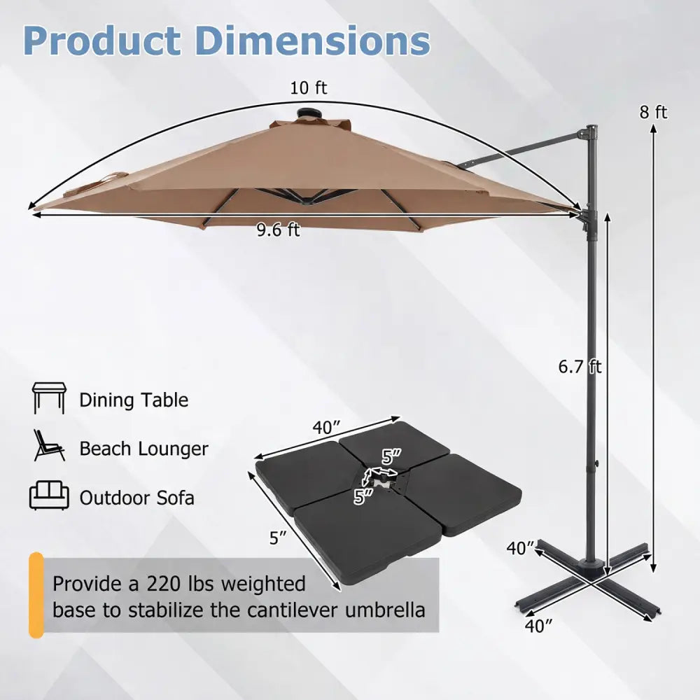 10 Feet Patio Cantilever Umbrella with Solar LED Lights-Tan - Tan - Outdoor Umbrellas