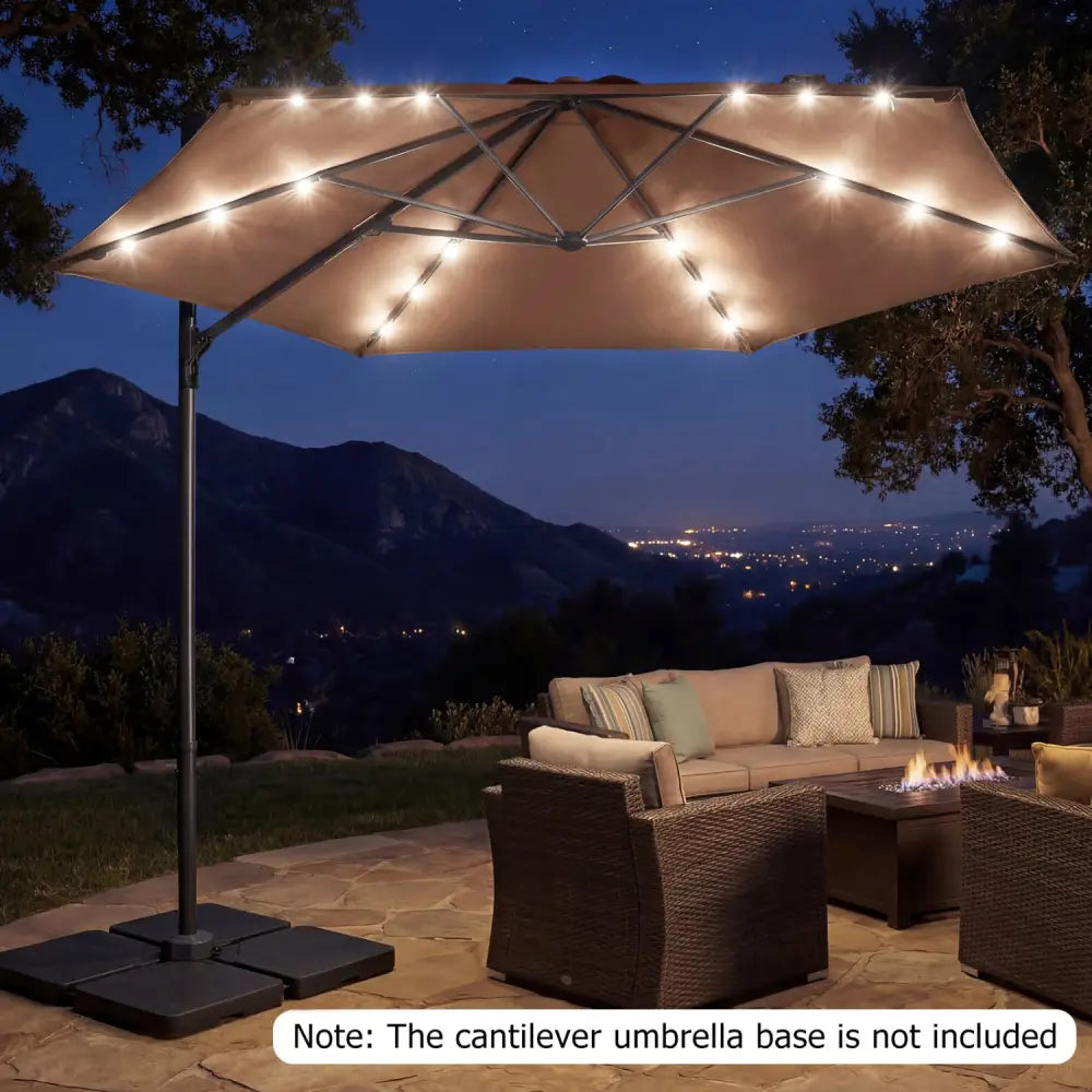 10 Feet Patio Cantilever Umbrella with Solar LED Lights-Tan - Tan - Outdoor Umbrellas