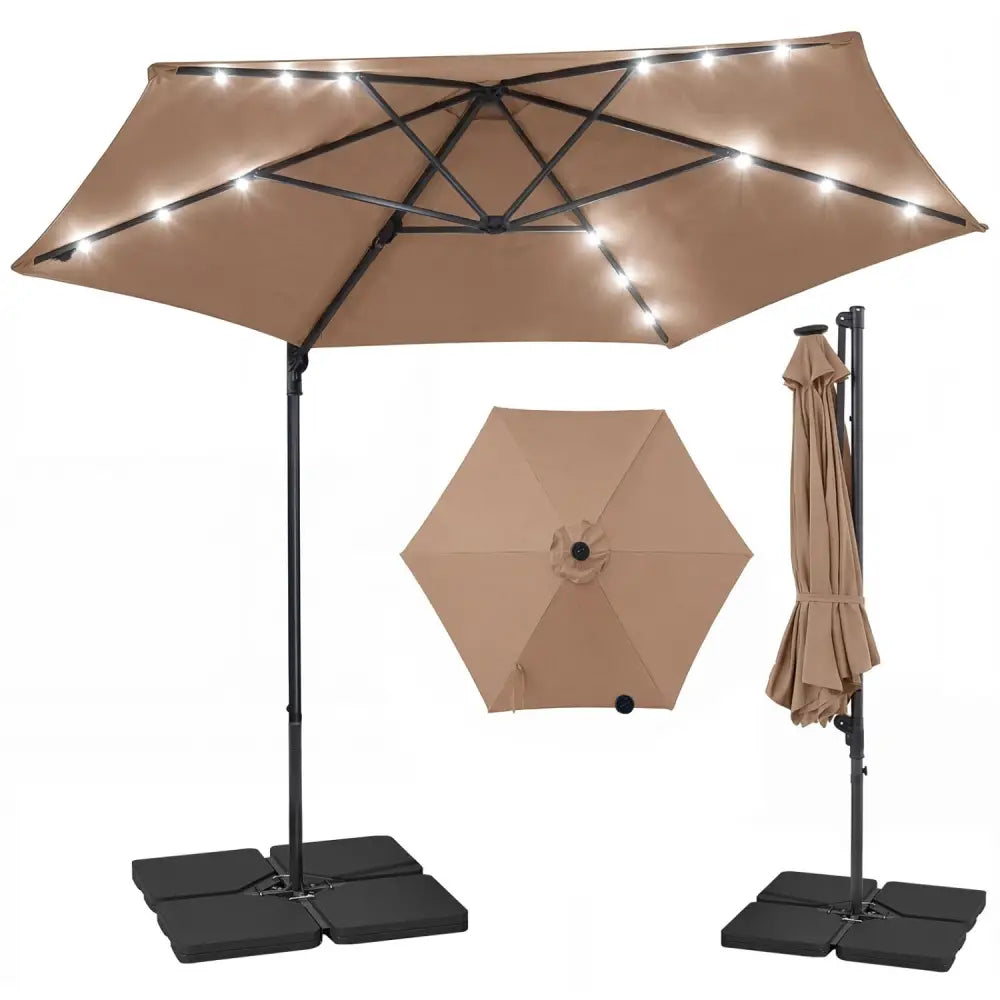 10 Feet Patio Cantilever Umbrella with Solar LED Lights-Tan - Tan - Outdoor Umbrellas
