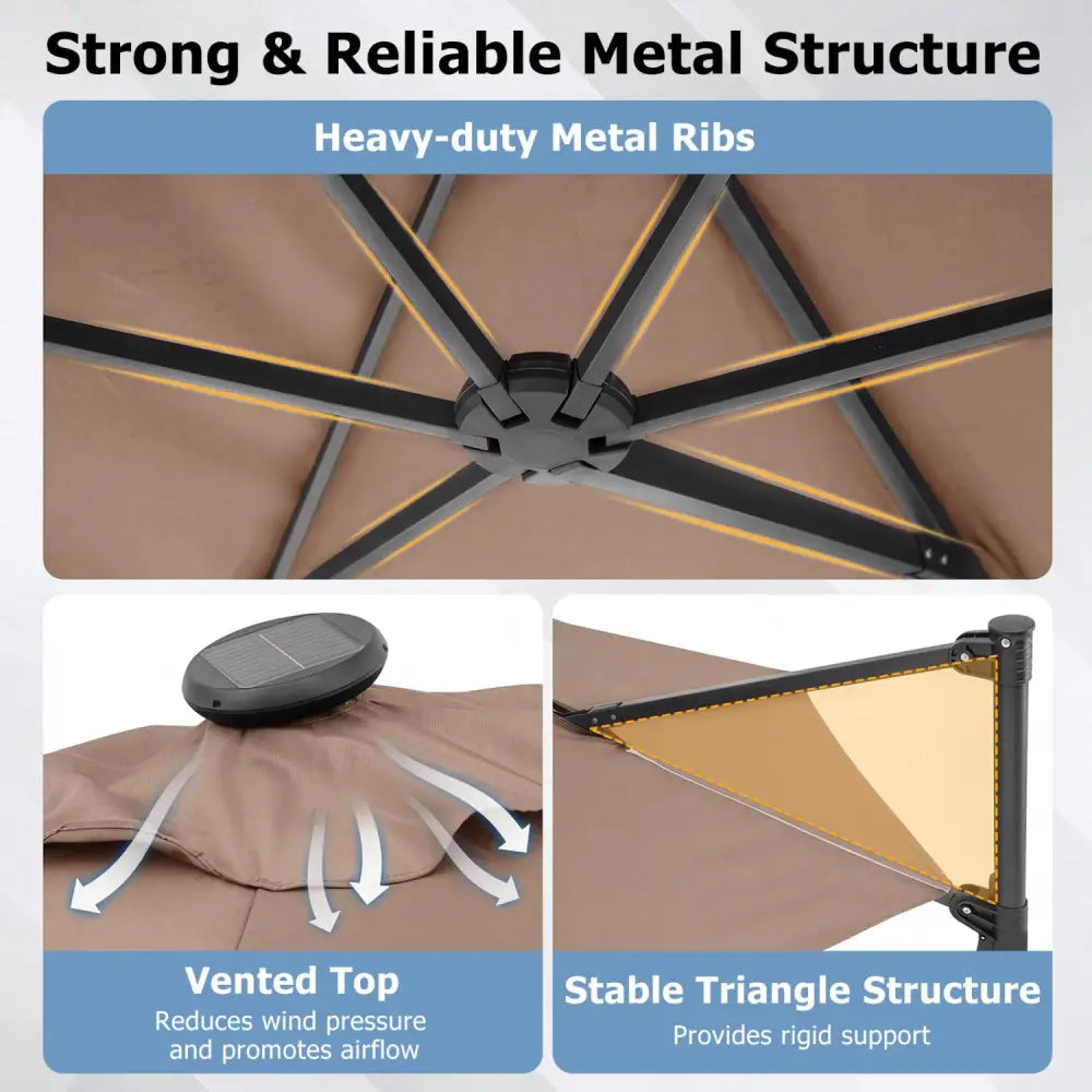 10 Feet Patio Cantilever Umbrella with Solar LED Lights-Tan - Tan - Outdoor Umbrellas