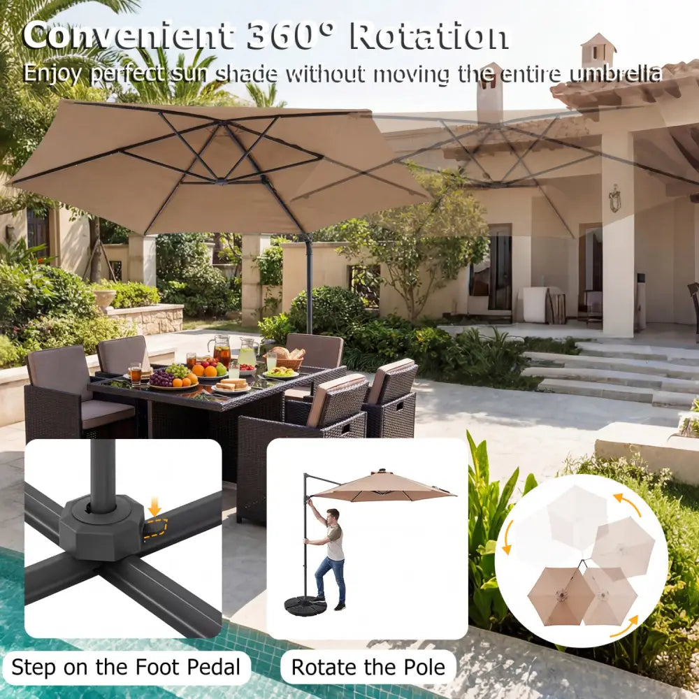 10 Feet Patio Cantilever Umbrella with Solar LED Lights-Tan - Tan - Outdoor Umbrellas