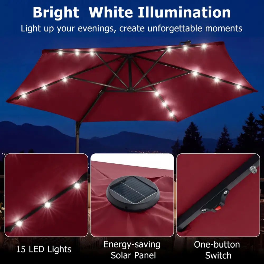 10 Feet Patio Cantilever Umbrella with Solar LED Lights-Wine - Wine - Outdoor Umbrellas