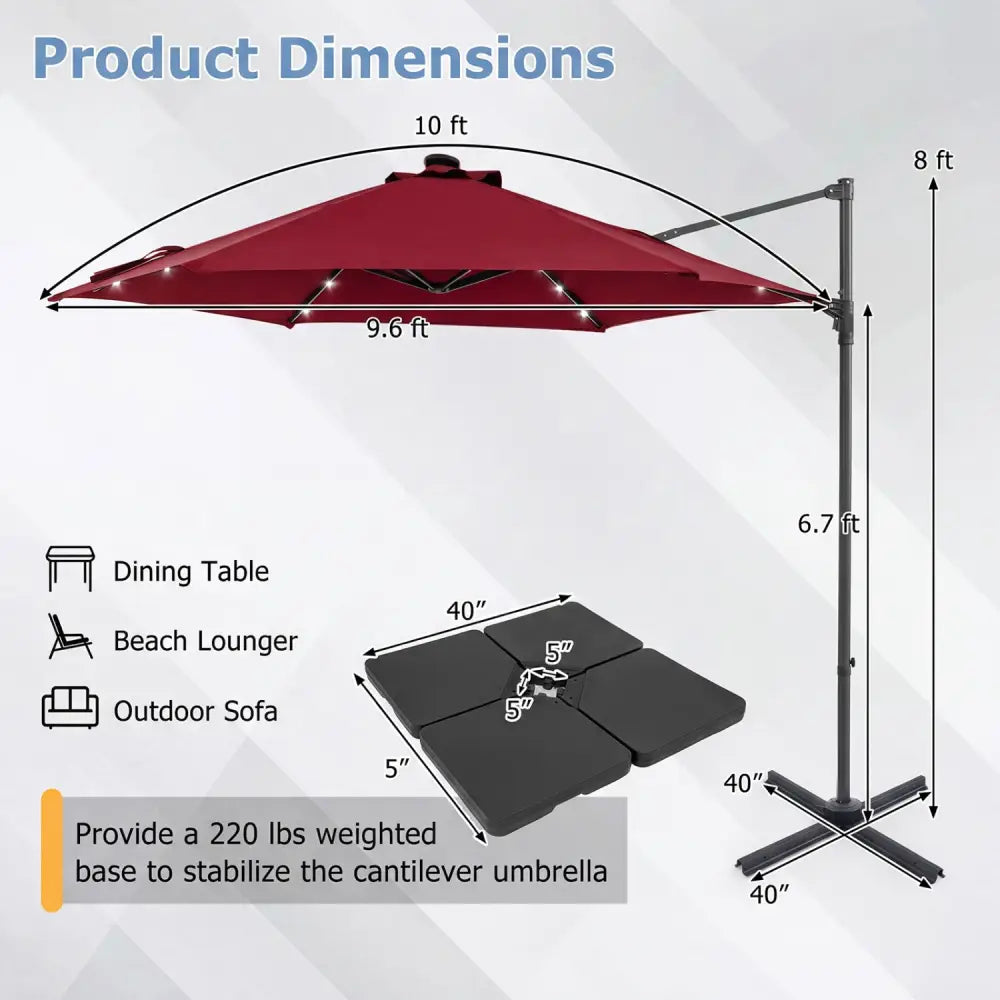 10 Feet Patio Cantilever Umbrella with Solar LED Lights-Wine - Wine - Outdoor Umbrellas