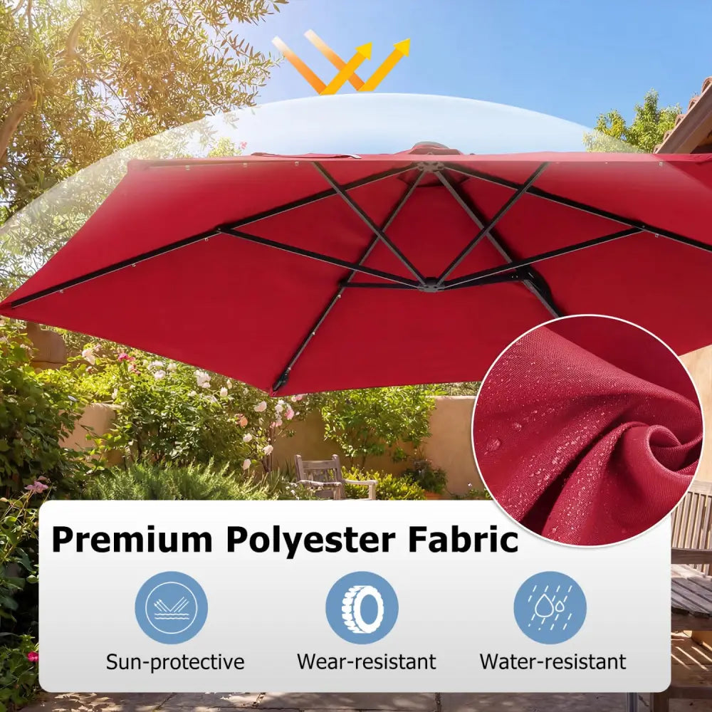 10 Feet Patio Cantilever Umbrella with Solar LED Lights-Wine - Wine - Outdoor Umbrellas