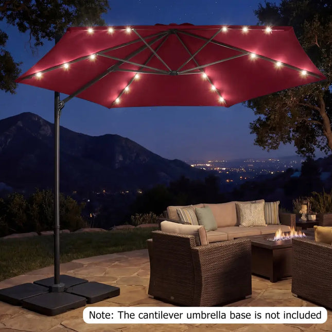 10 Feet Patio Cantilever Umbrella with Solar LED Lights-Wine - Wine - Outdoor Umbrellas