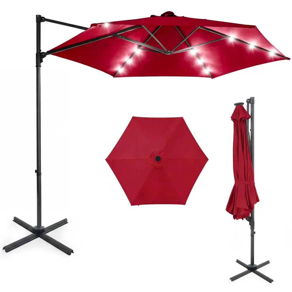 10 Feet Patio Cantilever Umbrella with Solar LED Lights-Wine - Wine - Outdoor Umbrellas