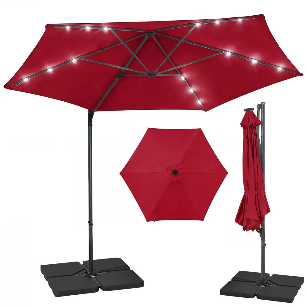 10 Feet Patio Cantilever Umbrella with Solar LED Lights-Wine - Wine - Outdoor Umbrellas
