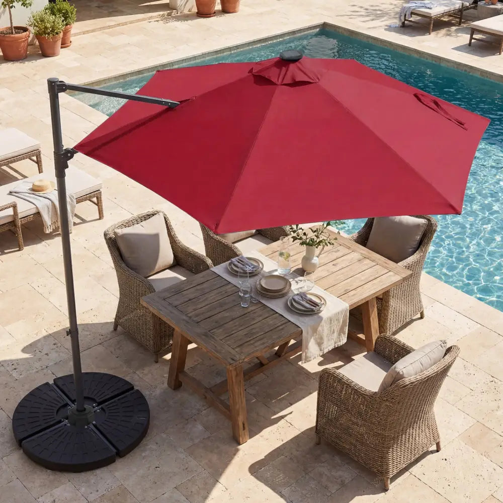 10 Feet Patio Cantilever Umbrella with Solar LED Lights-Wine - Wine - Outdoor Umbrellas