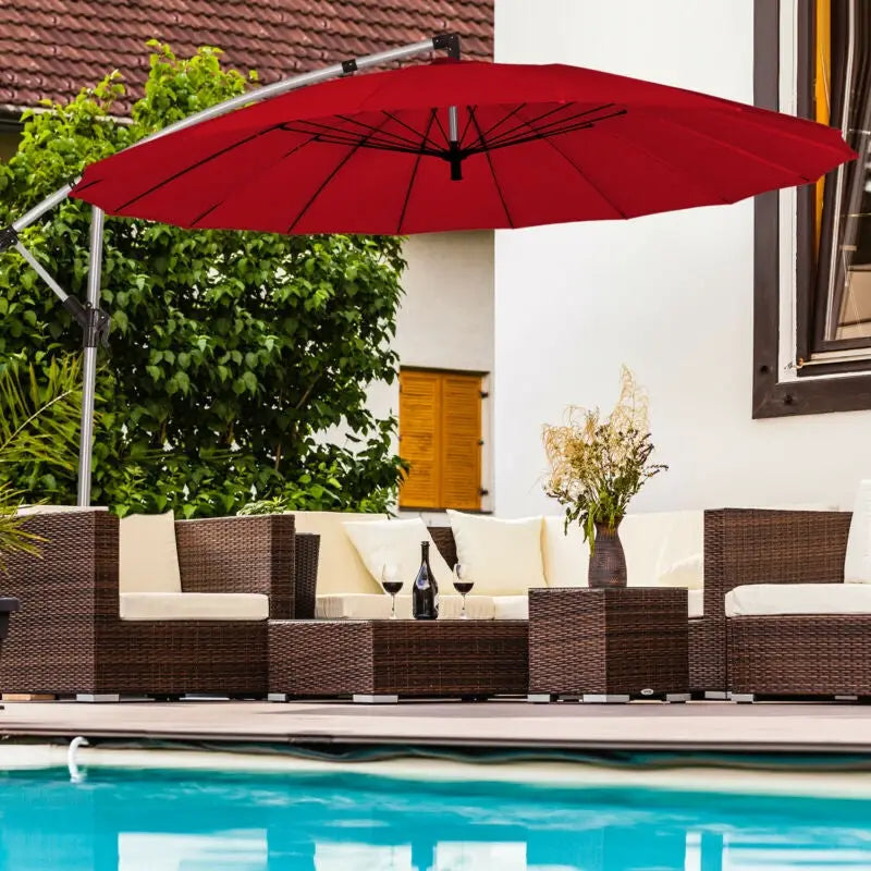 10 Feet Patio Offset Umbrella Market Hanging Umbrella for Backyard Poolside Lawn Garden-Burgundy - Dark Red - Outdoor