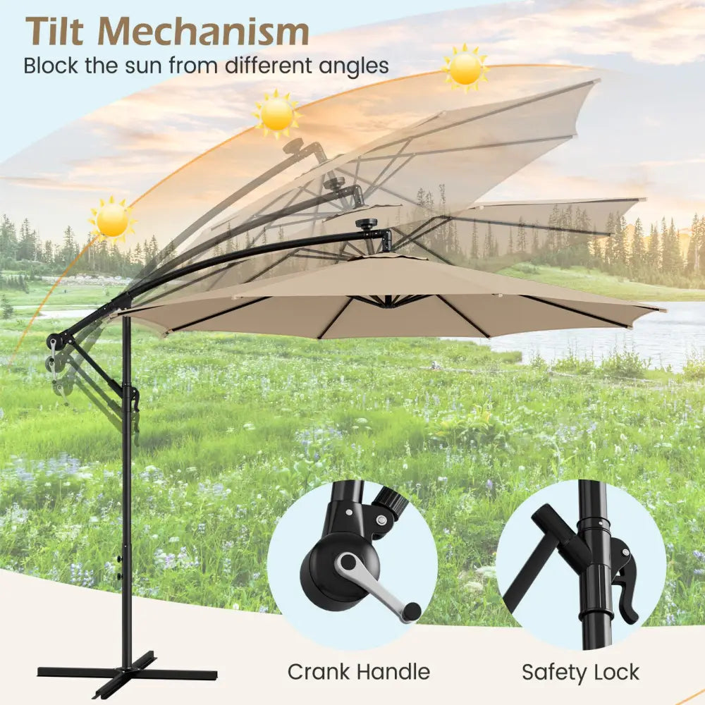 10 Feet Patio Offset Umbrella with 112 Solar-Powered LED Lights-Beige-Beige - Beige - Outdoor Umbrellas