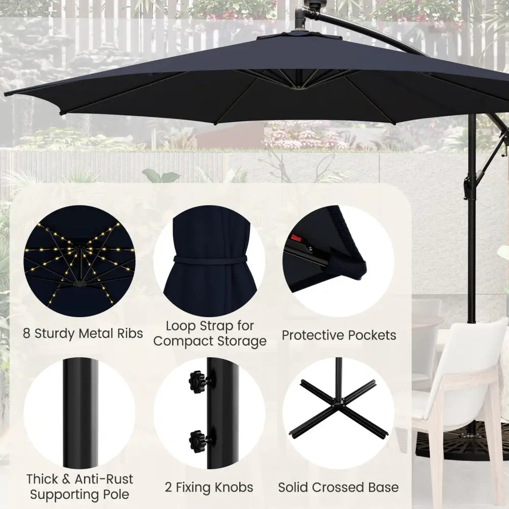 10 Feet Patio Offset Umbrella with 112 Solar-Powered LED Lights-Beige-Navy - Navy - Outdoor Umbrellas