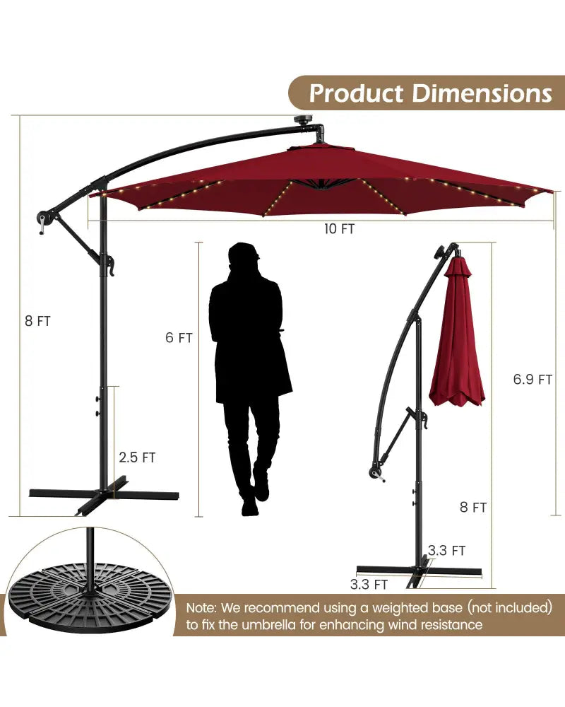 10 Feet Patio Offset Umbrella with 112 Solar-Powered LED Lights-Beige-Wine - Wine - Outdoor Umbrellas