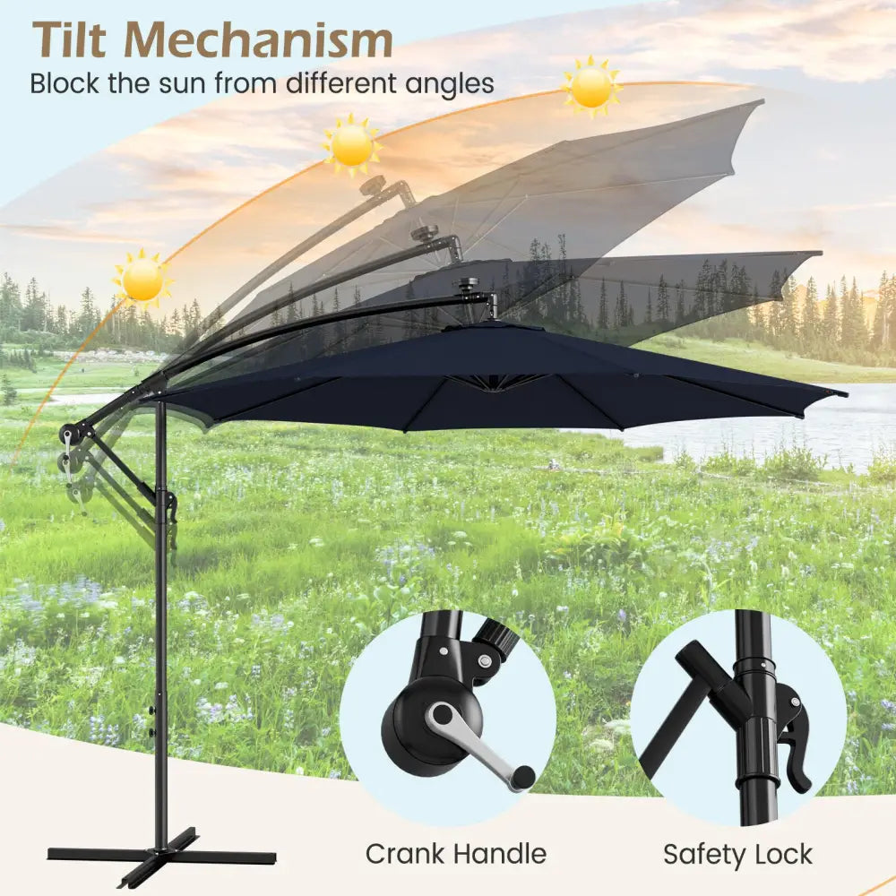 10 Feet Patio Offset Umbrella with 112 Solar-Powered LED Lights-Beige-Navy - Navy - Outdoor Umbrellas