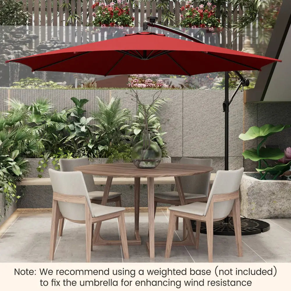 10 Feet Patio Offset Umbrella with 112 Solar-Powered LED Lights-Beige-Wine - Wine - Outdoor Umbrellas