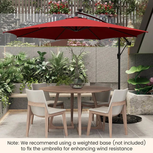 10 Feet Patio Offset Umbrella with 112 Solar-Powered LED Lights-Beige-Wine - Wine - Outdoor Umbrellas