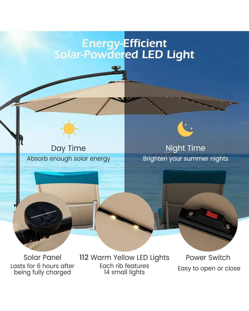 10 Feet Patio Offset Umbrella with 112 Solar-Powered LED Lights-Beige-Beige - Beige - Outdoor Umbrellas