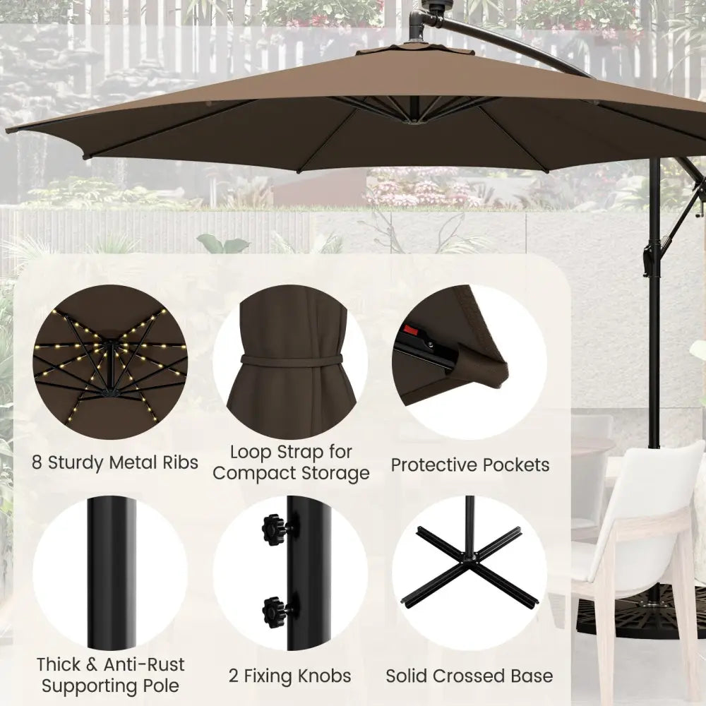 10 Feet Patio Offset Umbrella with 112 Solar-Powered LED Lights-Beige-Coffee - Coffee - Outdoor Umbrellas