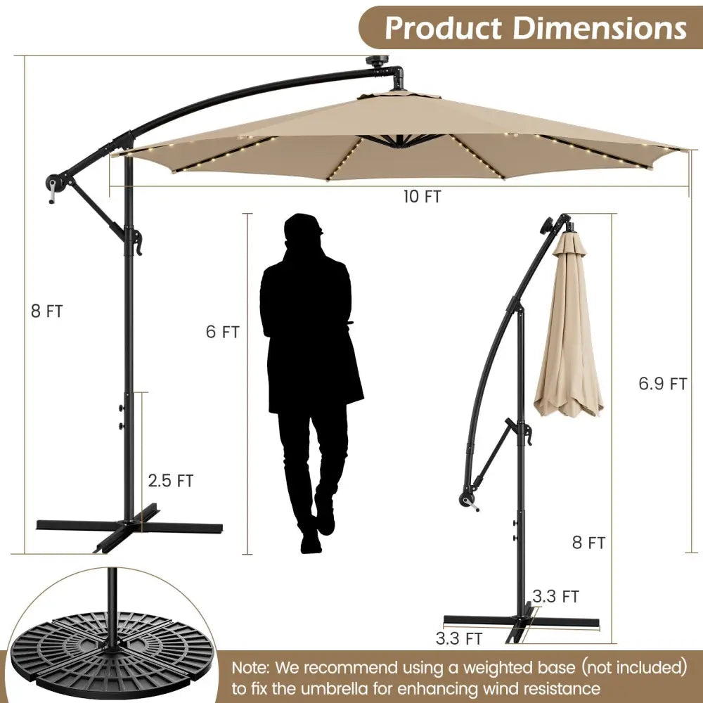 10 Feet Patio Offset Umbrella with 112 Solar-Powered LED Lights-Beige-Beige - Beige - Outdoor Umbrellas
