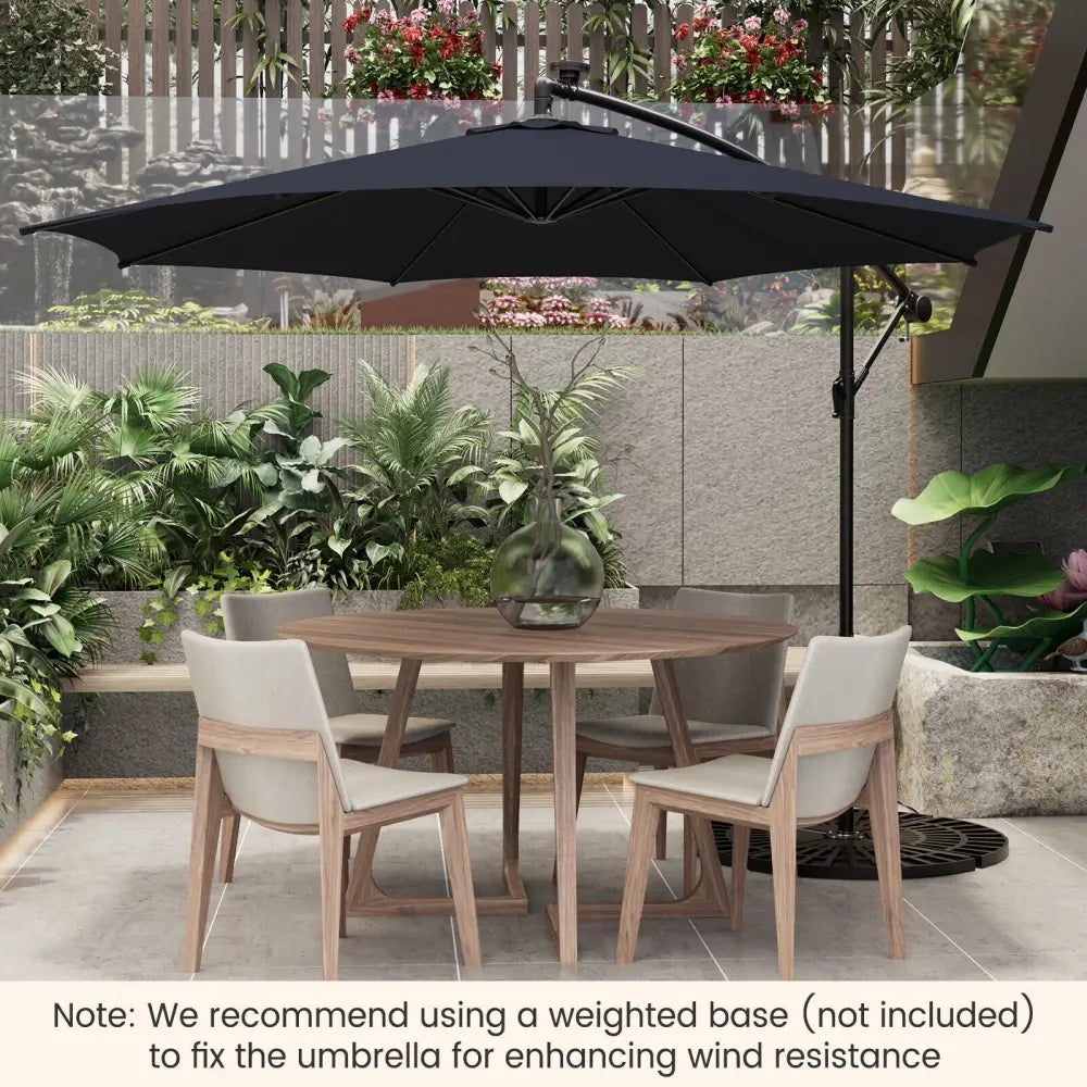 10 Feet Patio Offset Umbrella with 112 Solar-Powered LED Lights-Beige-Navy - Navy - Outdoor Umbrellas
