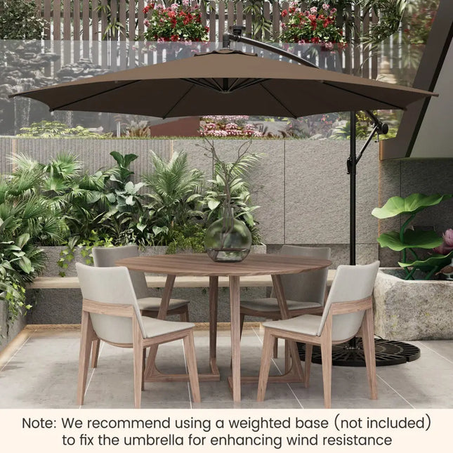10 Feet Patio Offset Umbrella with 112 Solar-Powered LED Lights-Beige-Coffee - Coffee - Outdoor Umbrellas