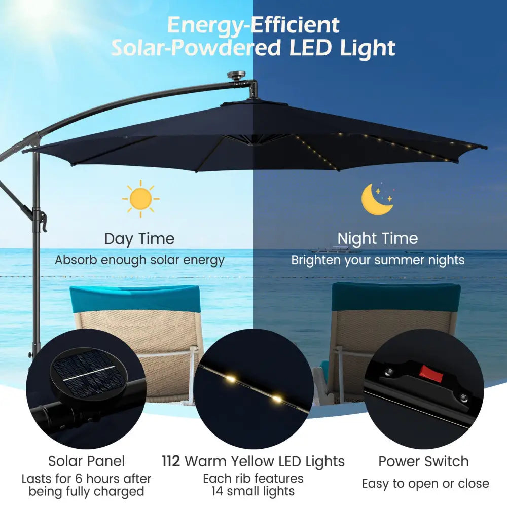 10 Feet Patio Offset Umbrella with 112 Solar-Powered LED Lights-Beige-Navy - Navy - Outdoor Umbrellas
