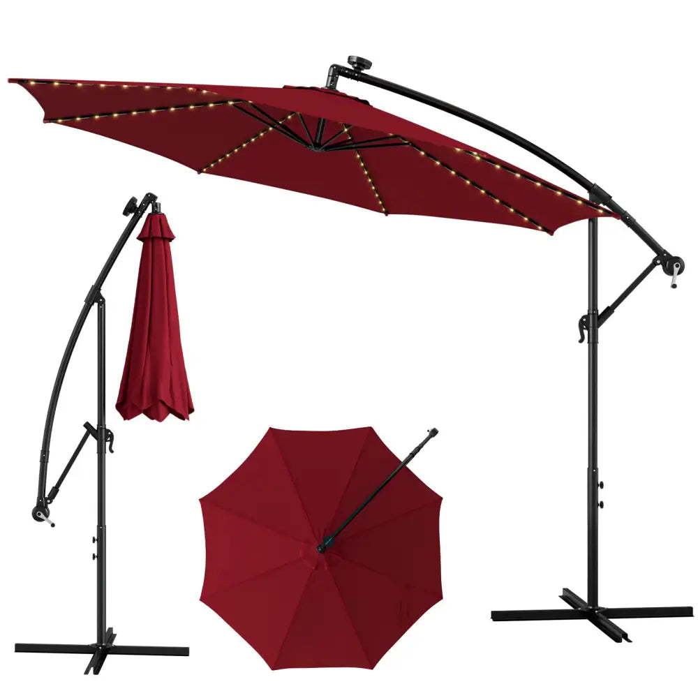 10 Feet Patio Offset Umbrella with 112 Solar-Powered LED Lights-Beige-Wine - Wine - Outdoor Umbrellas