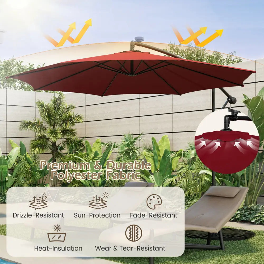 10 Feet Patio Offset Umbrella with 112 Solar-Powered LED Lights-Beige-Wine - Wine - Outdoor Umbrellas