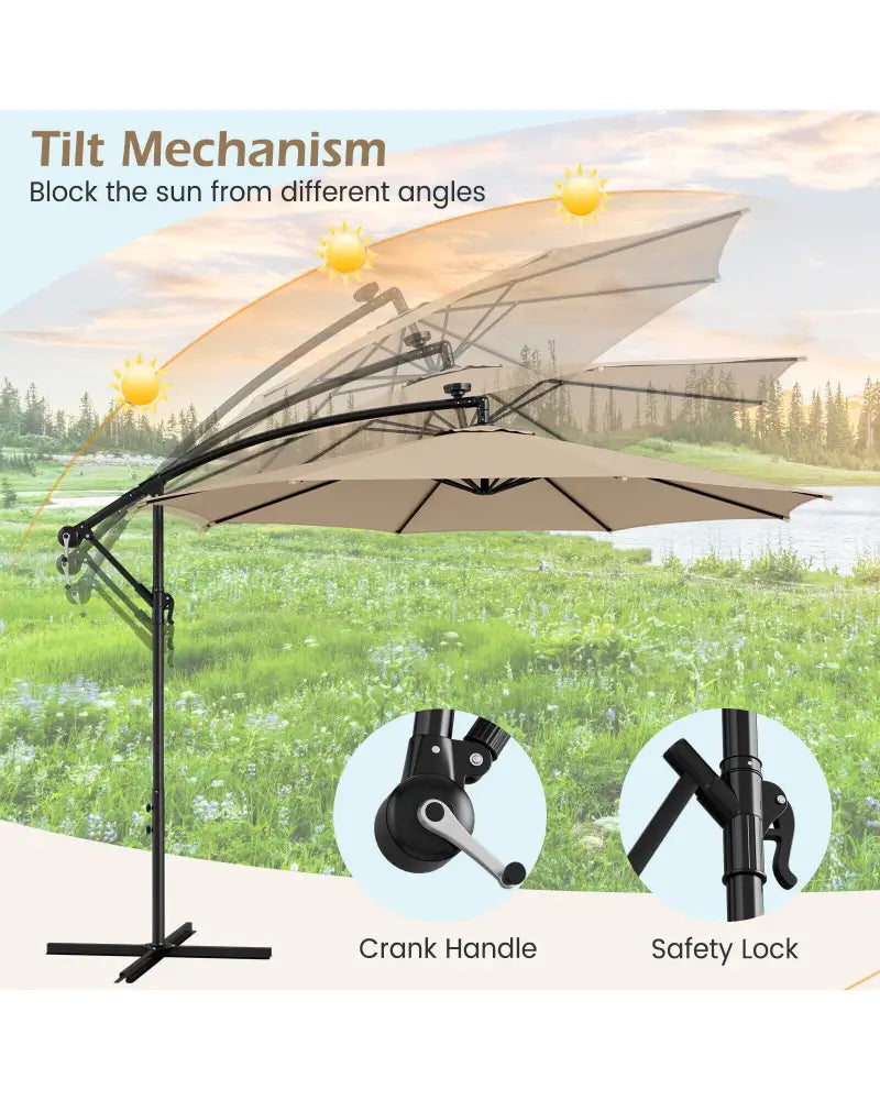 10 Feet Patio Offset Umbrella with 112 Solar-Powered LED Lights-Beige-Beige - Beige - Outdoor Umbrellas