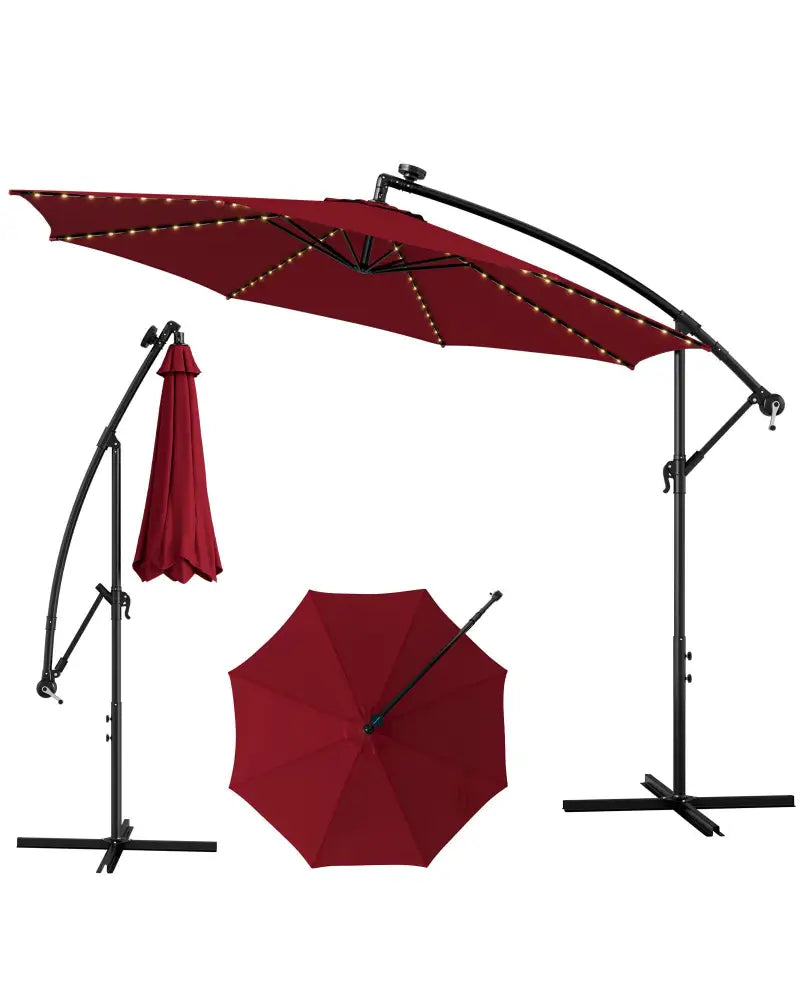 10 Feet Patio Offset Umbrella with 112 Solar-Powered LED Lights-Beige-Wine - Wine - Outdoor Umbrellas