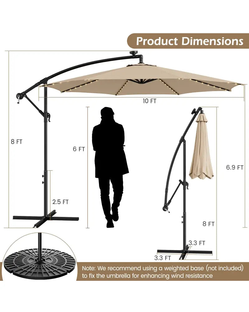 10 Feet Patio Offset Umbrella with 112 Solar-Powered LED Lights-Beige-Beige - Beige - Outdoor Umbrellas