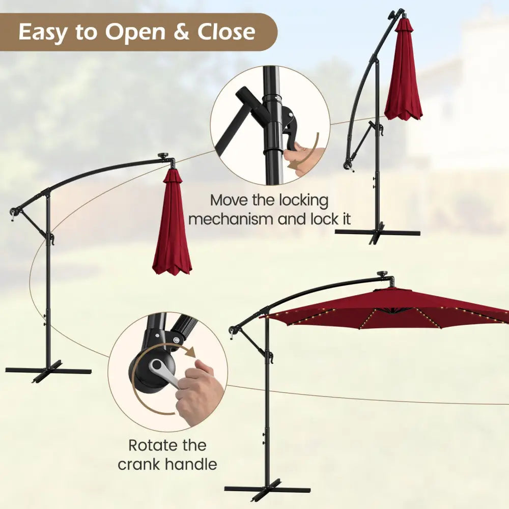 10 Feet Patio Offset Umbrella with 112 Solar-Powered LED Lights-Beige-Wine - Wine - Outdoor Umbrellas