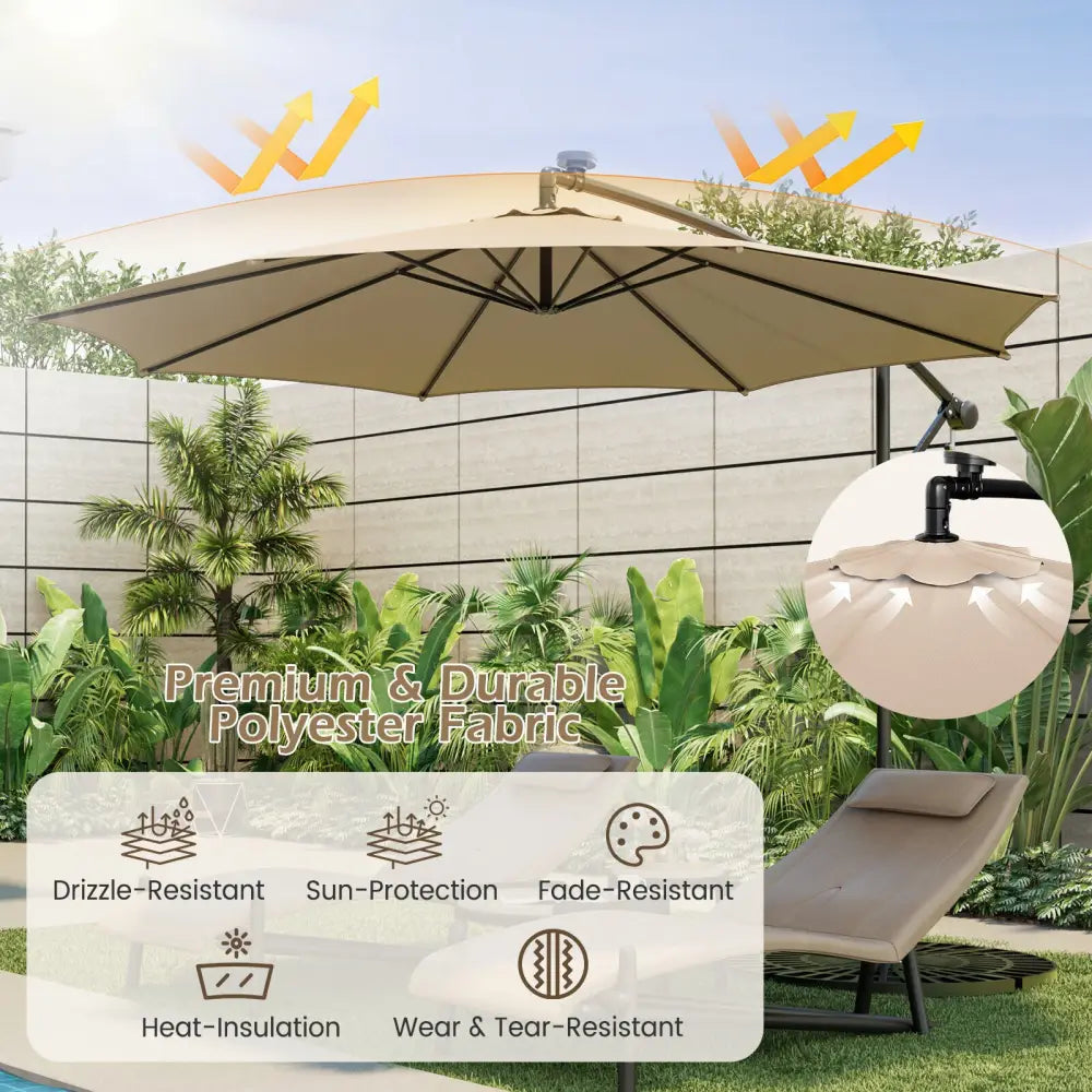 10 Feet Patio Offset Umbrella with 112 Solar-Powered LED Lights-Beige-Beige - Beige - Outdoor Umbrellas