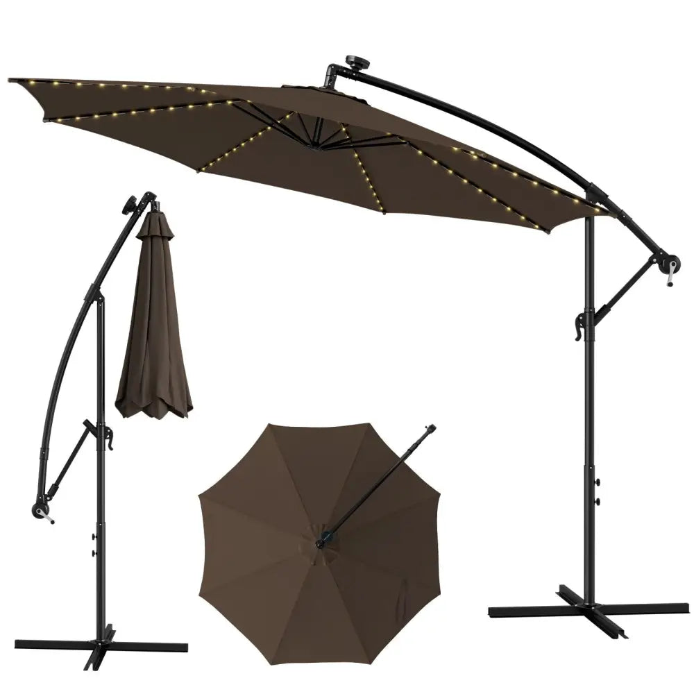 10 Feet Patio Offset Umbrella with 112 Solar-Powered LED Lights-Beige-Coffee - Coffee - Outdoor Umbrellas