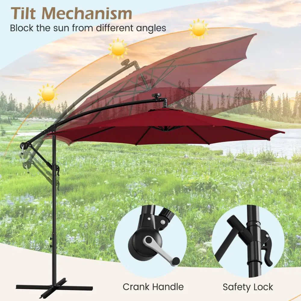 10 Feet Patio Offset Umbrella with 112 Solar-Powered LED Lights-Beige-Wine - Wine - Outdoor Umbrellas