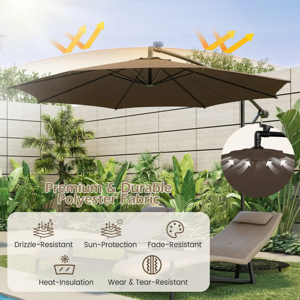 10 Feet Patio Offset Umbrella with 112 Solar-Powered LED Lights-Beige-Coffee - Coffee - Outdoor Umbrellas