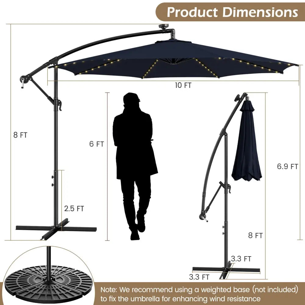 10 Feet Patio Offset Umbrella with 112 Solar-Powered LED Lights-Beige-Navy - Navy - Outdoor Umbrellas