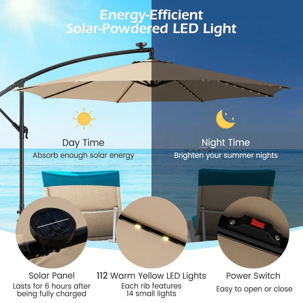 10 Feet Patio Offset Umbrella with 112 Solar-Powered LED Lights-Beige-Beige - Beige - Outdoor Umbrellas