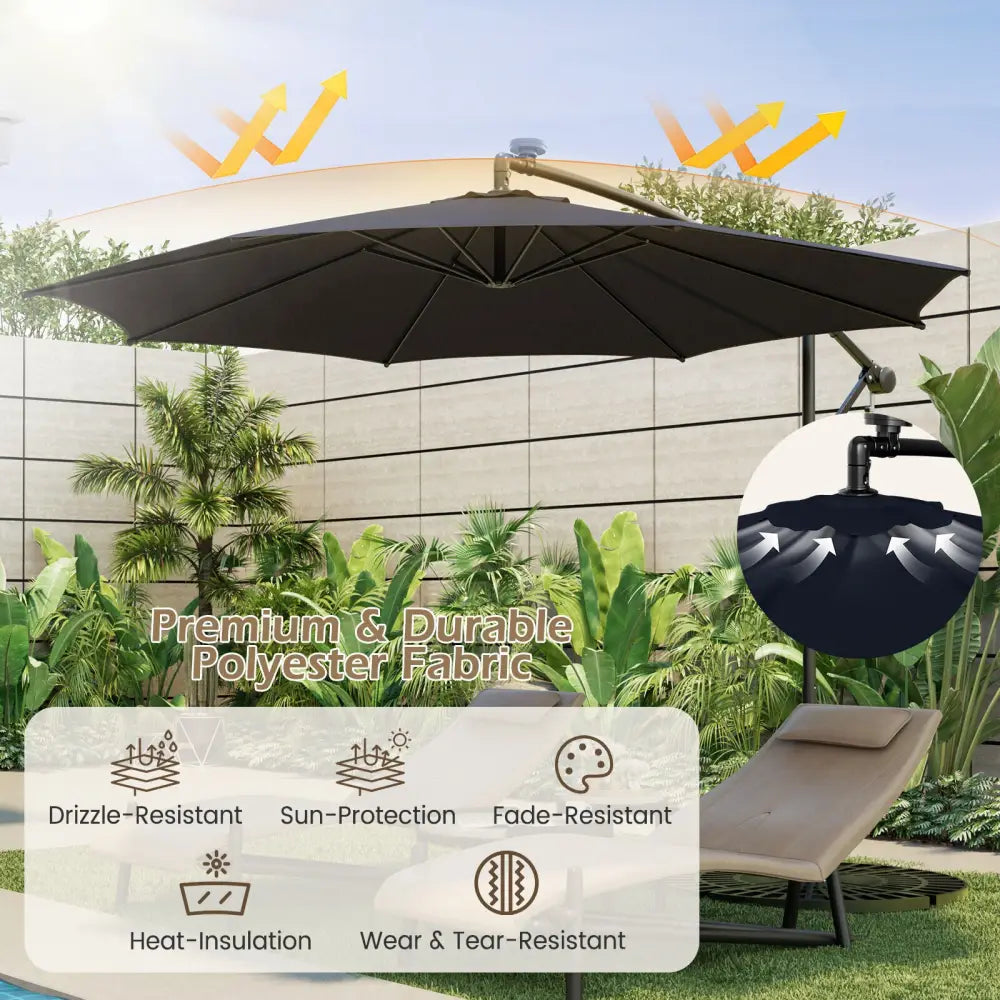 10 Feet Patio Offset Umbrella with 112 Solar-Powered LED Lights-Beige-Navy - Navy - Outdoor Umbrellas