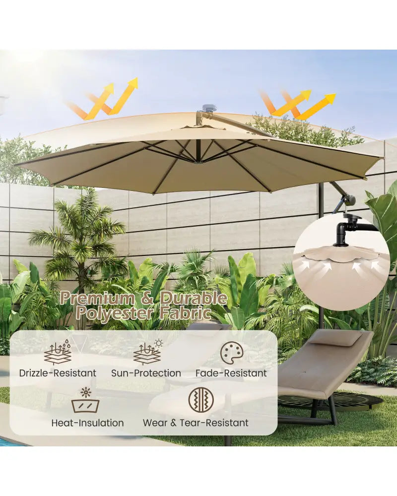 10 Feet Patio Offset Umbrella with 112 Solar-Powered LED Lights-Beige-Beige - Beige - Outdoor Umbrellas