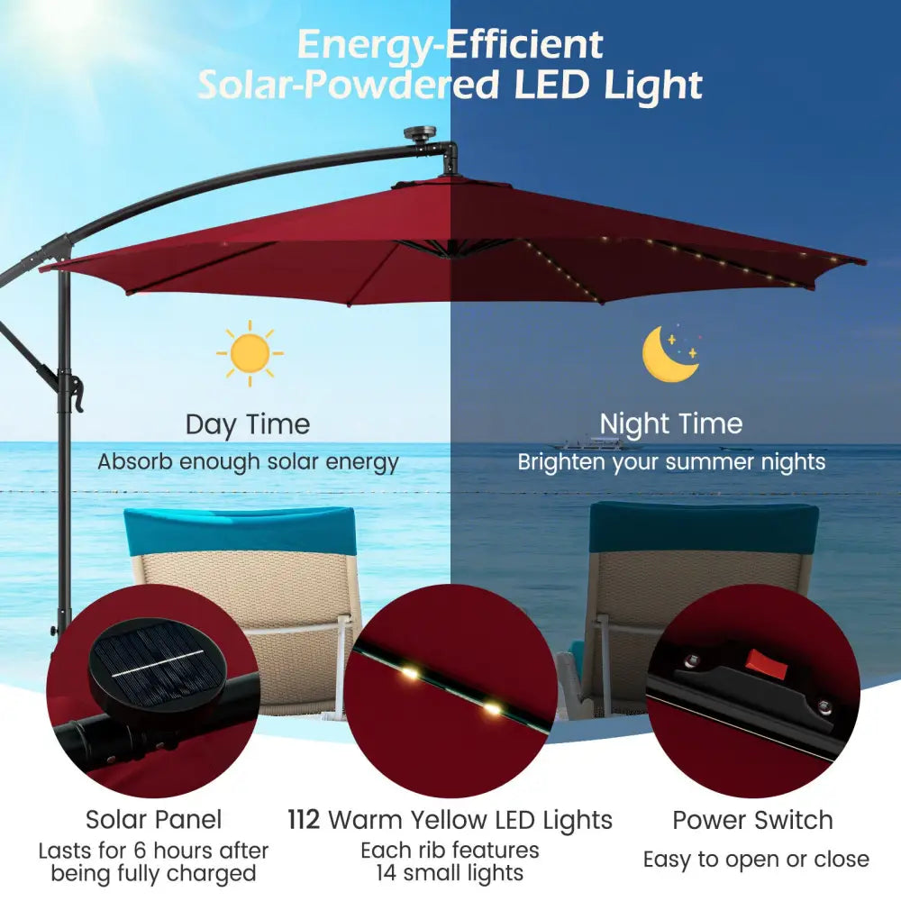 10 Feet Patio Offset Umbrella with 112 Solar-Powered LED Lights-Beige-Wine - Wine - Outdoor Umbrellas