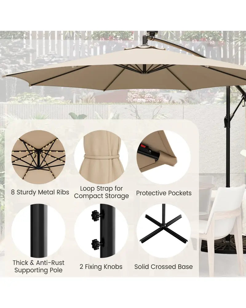 10 Feet Patio Offset Umbrella with 112 Solar-Powered LED Lights-Beige-Beige - Beige - Outdoor Umbrellas