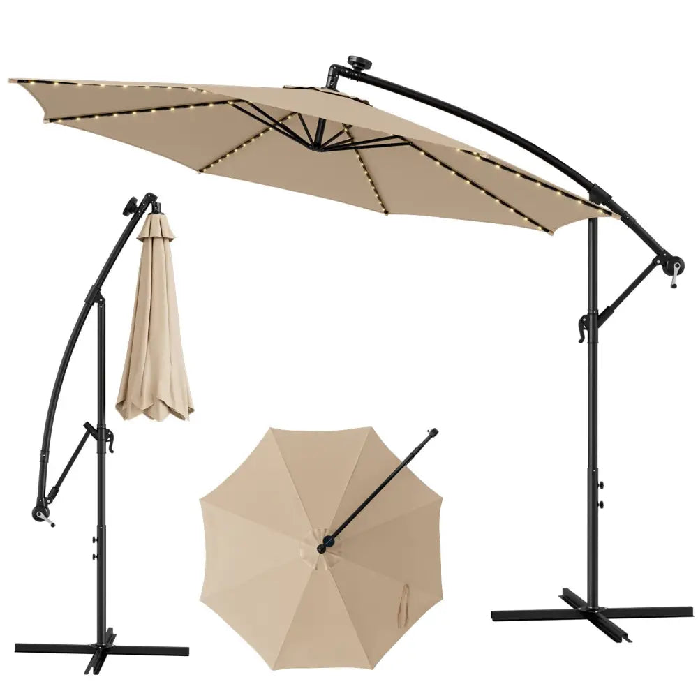 10 Feet Patio Offset Umbrella with 112 Solar-Powered LED Lights-Beige-Beige - Beige - Outdoor Umbrellas