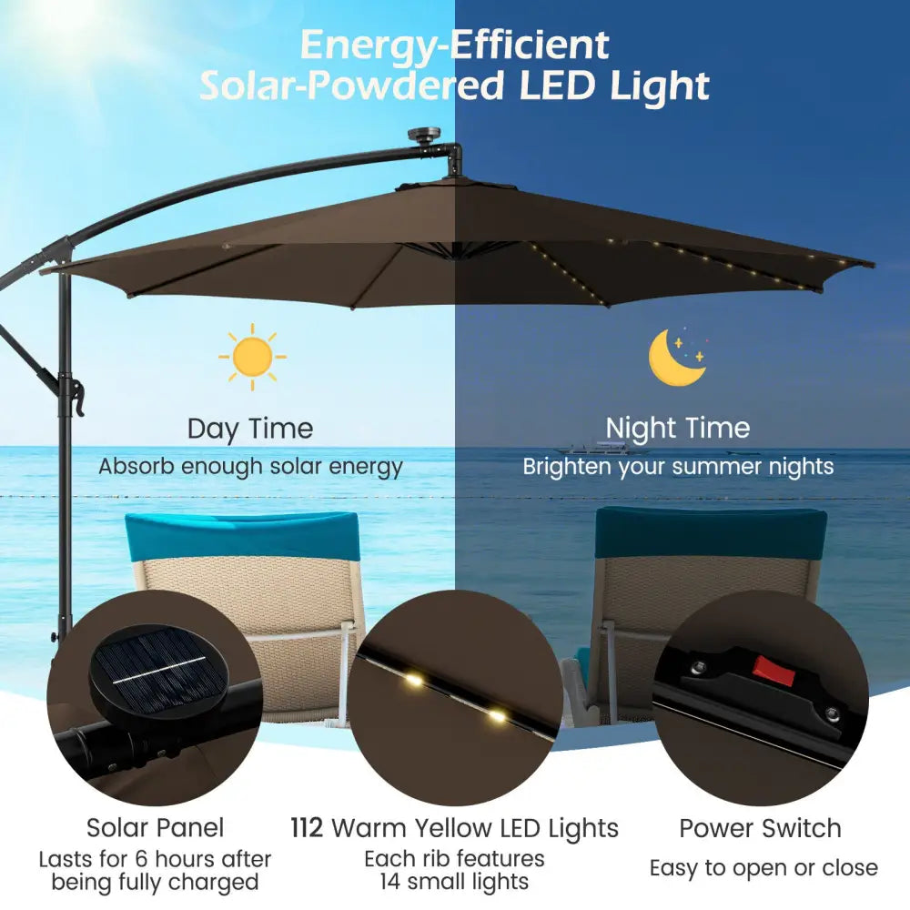10 Feet Patio Offset Umbrella with 112 Solar-Powered LED Lights-Beige-Coffee - Coffee - Outdoor Umbrellas