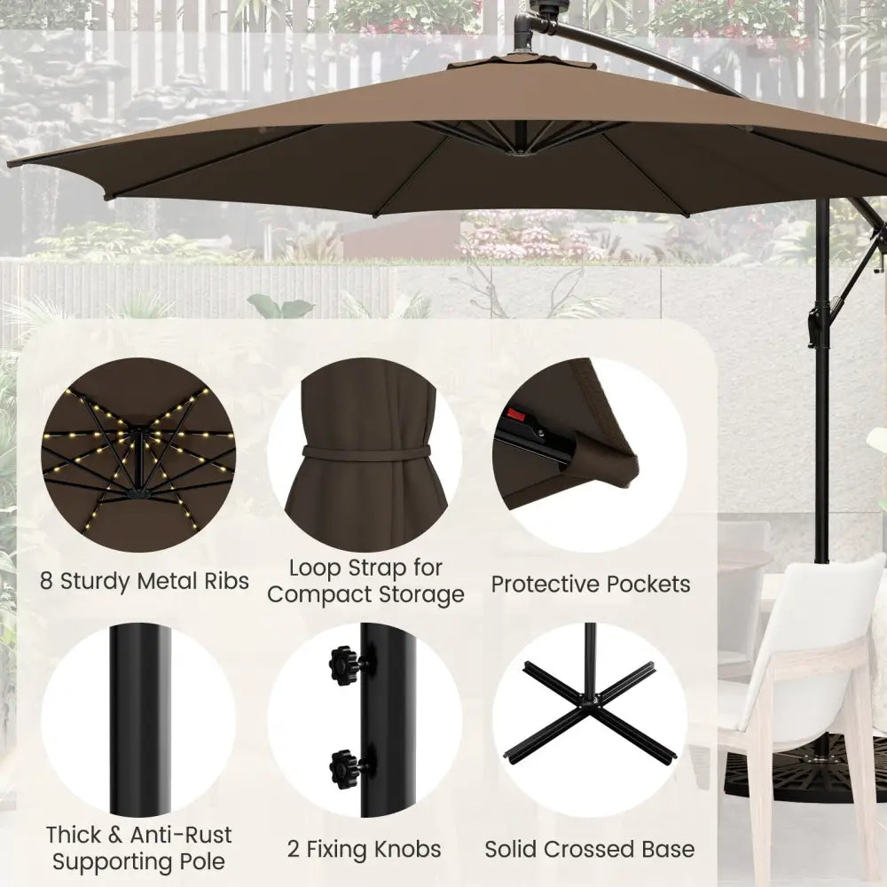 10 Feet Patio Offset Umbrella with 112 Solar-Powered LED Lights-Beige-Coffee - Coffee - Outdoor Umbrellas