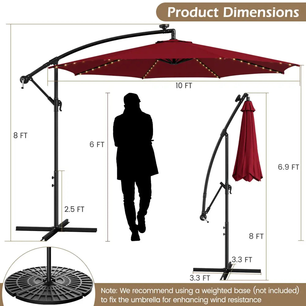 10 Feet Patio Offset Umbrella with 112 Solar-Powered LED Lights-Beige-Wine - Wine - Outdoor Umbrellas